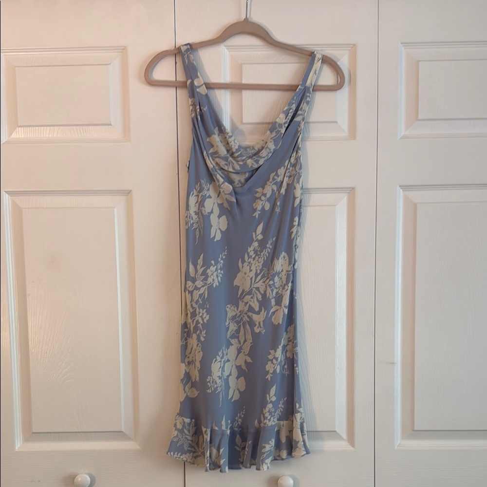 Reformation Blue and Cream Mini Dress with Ruffle Detail